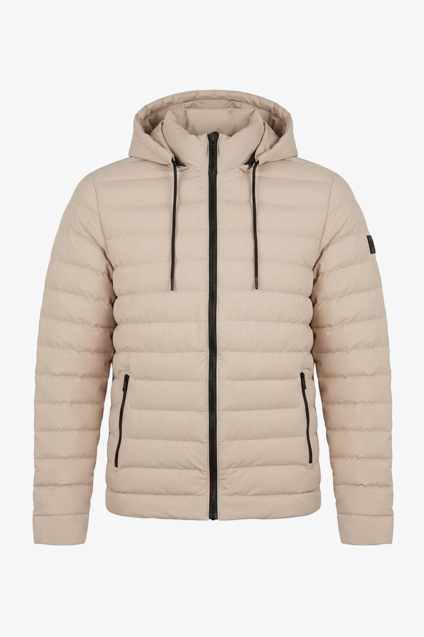 Jaqueta puffer masculina bege com capuz, leve e acolchoada, com zíper.