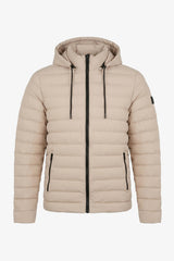 Jaqueta puffer masculina bege com capuz, leve e acolchoada, com zíper.