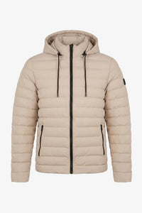 Jaqueta puffer masculina bege com capuz, leve e acolchoada, com zíper.