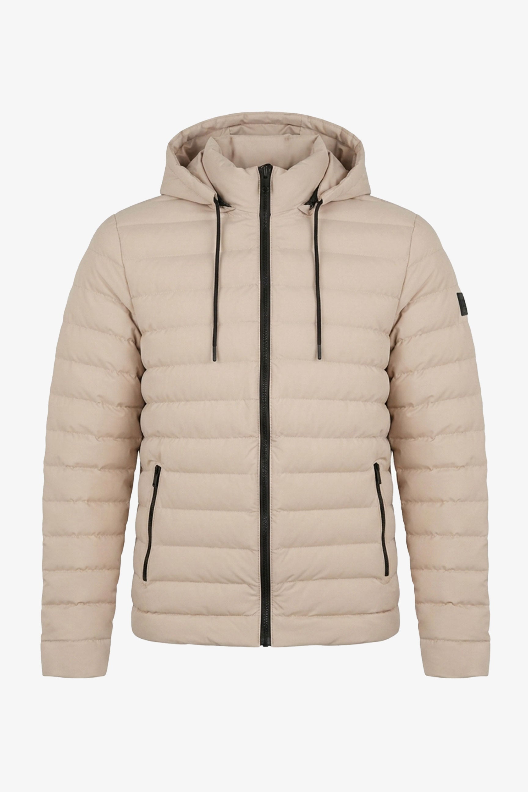 Jaqueta puffer masculina bege com capuz, leve e acolchoada, com zíper.