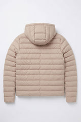 Jaqueta puffer masculina bege com capuz, leve e acolchoada, com zíper.