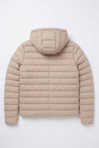 Jaqueta puffer masculina bege com capuz, leve e acolchoada, com zíper.