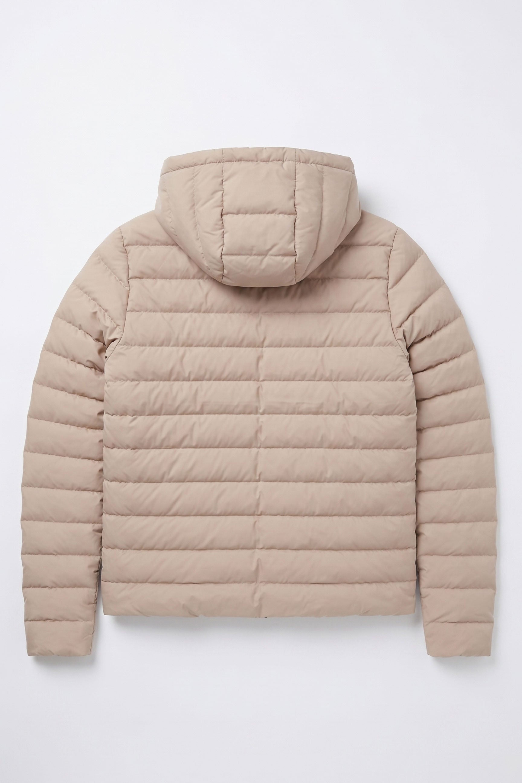 Jaqueta puffer masculina bege com capuz, leve e acolchoada, com zíper.