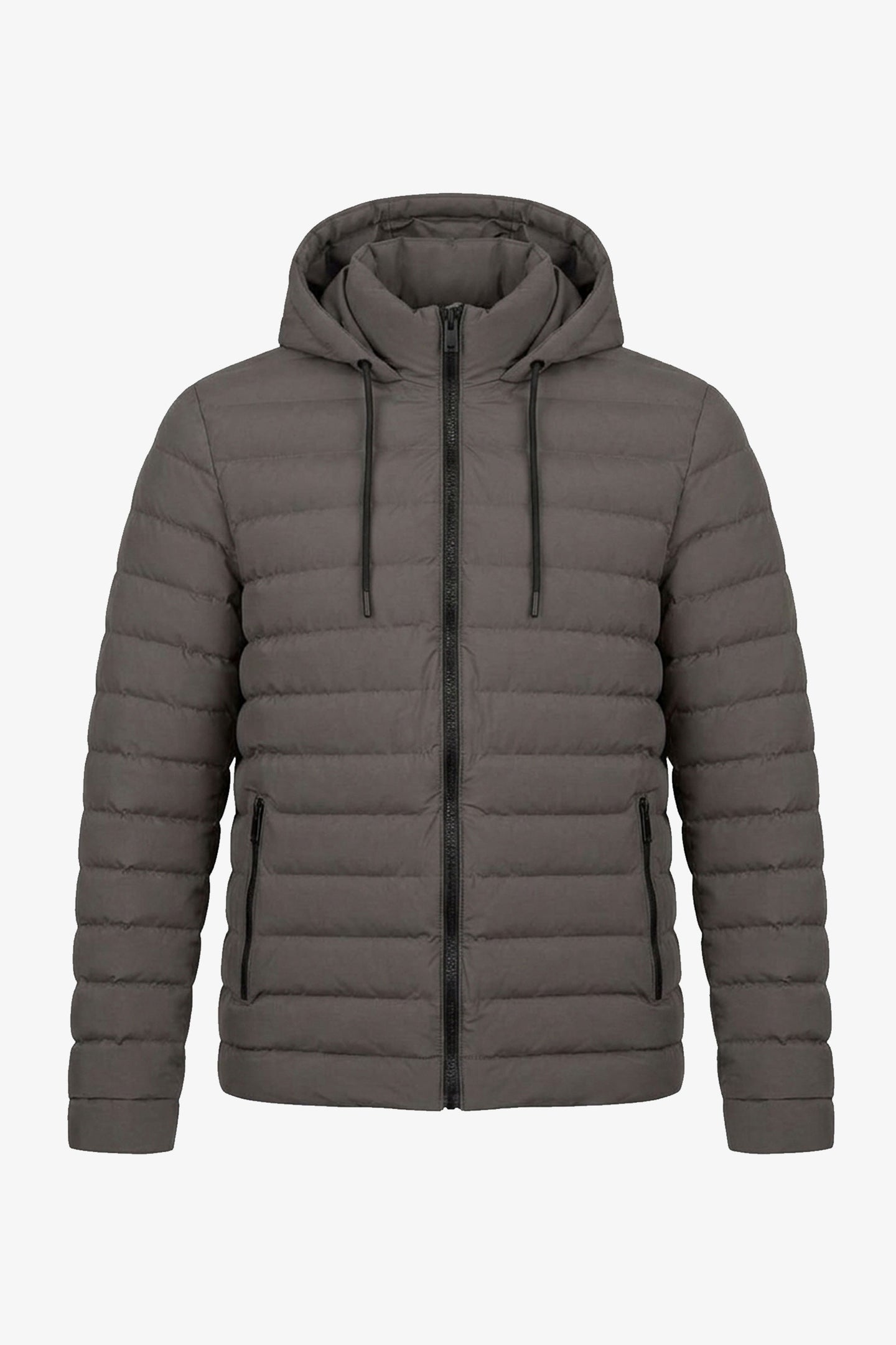 Jaqueta puffer masculina cinza com capuz, leve e acolchoada, com zíper.