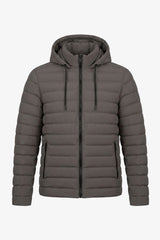 Jaqueta puffer masculina cinza com capuz, leve e acolchoada, com zíper.