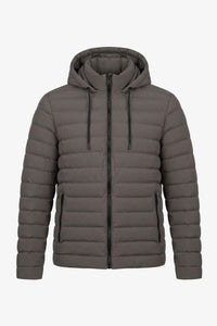 Jaqueta puffer masculina cinza com capuz, leve e acolchoada, com zíper.