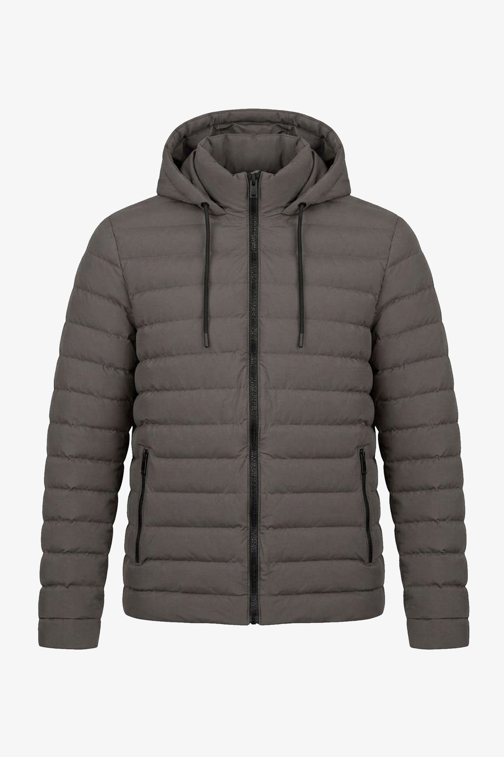Jaqueta puffer masculina cinza com capuz, leve e acolchoada, com zíper.