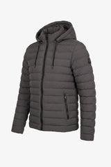 Jaqueta puffer masculina cinza com capuz, leve e acolchoada, com zíper.