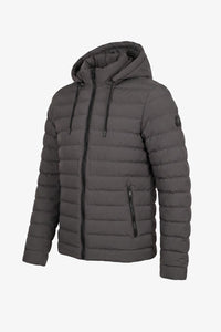Jaqueta puffer masculina cinza com capuz, leve e acolchoada, com zíper.