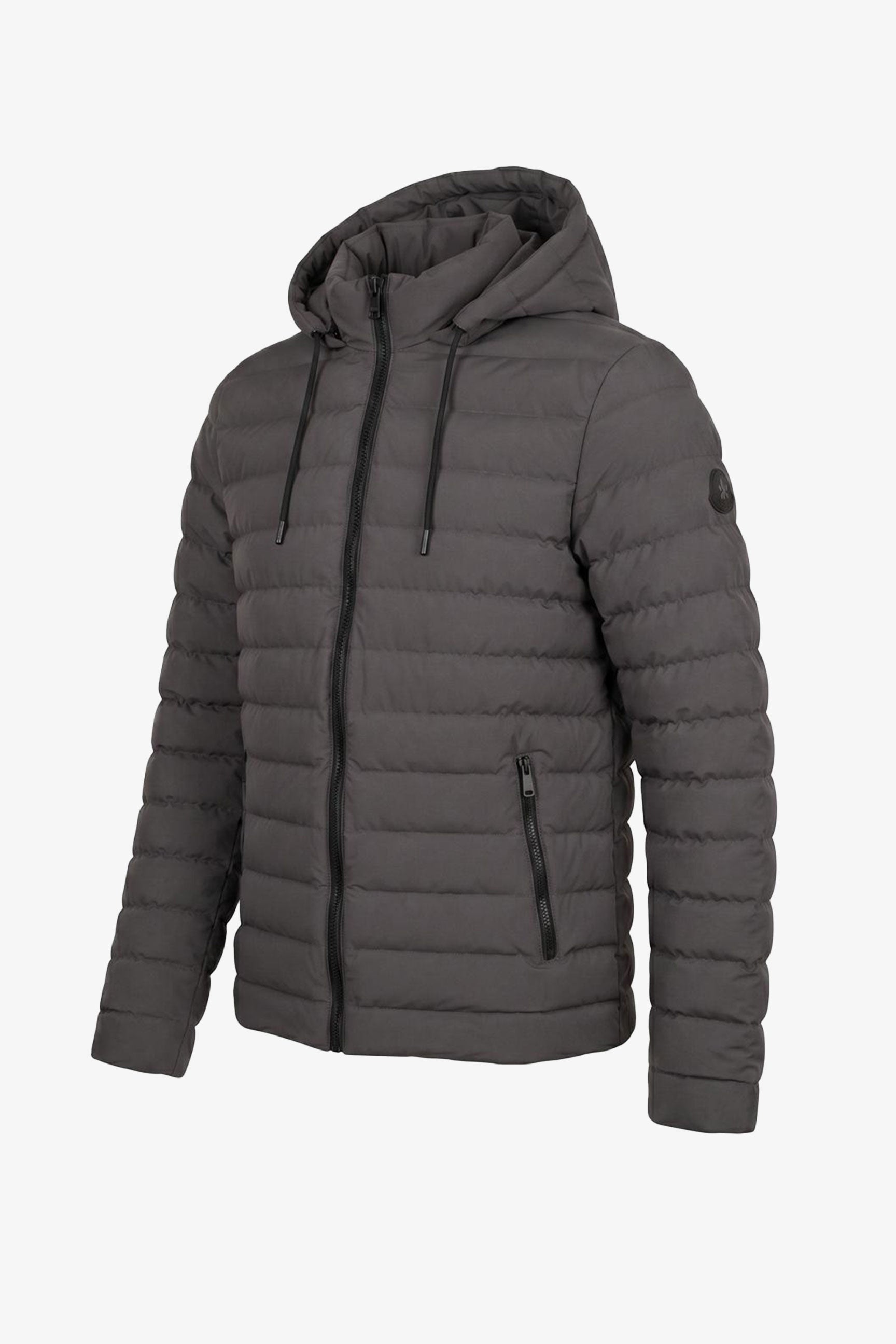 Jaqueta puffer masculina cinza com capuz, leve e acolchoada, com zíper.