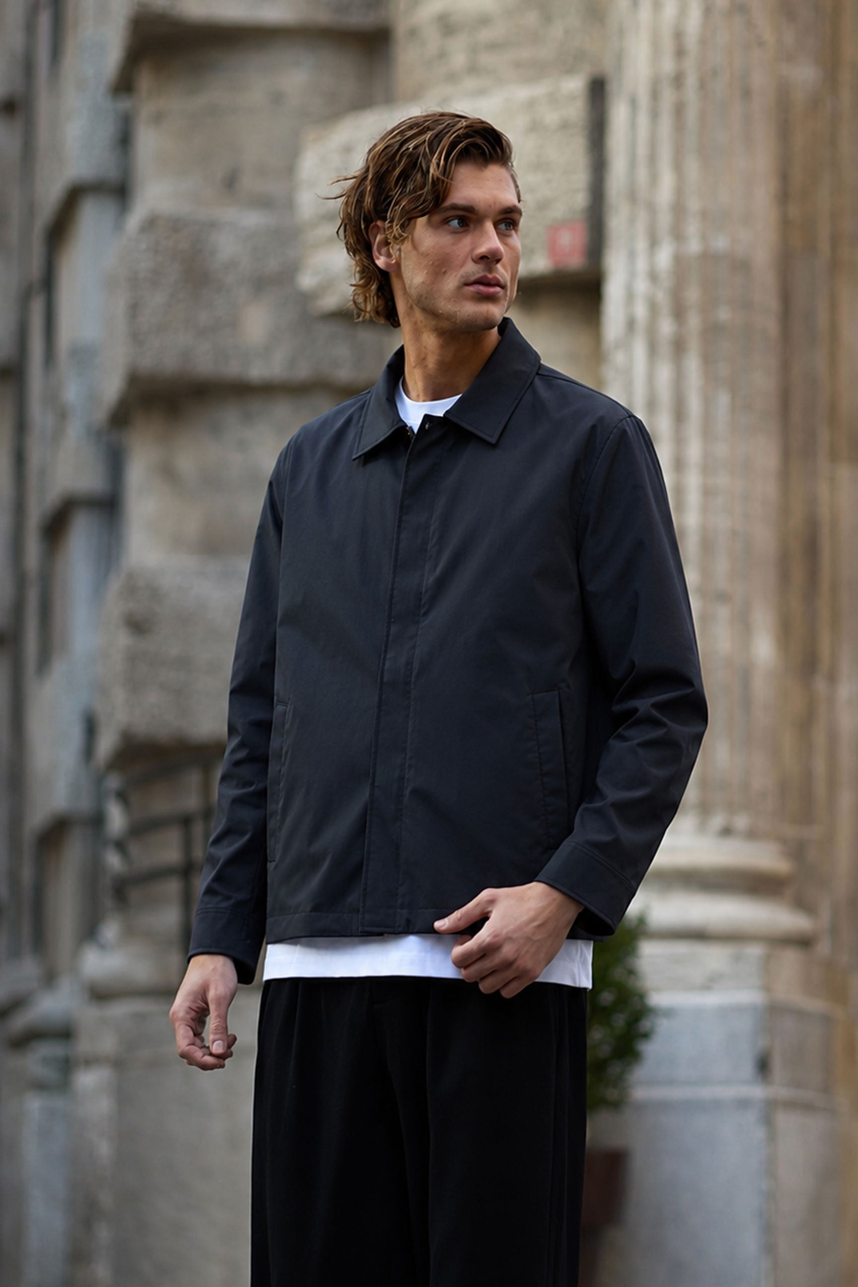 Jaqueta Harrington impermeável preta masculina com gola