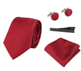 Conjunto de presente com gravata vermelha texturizada em cetim de seda, lenço de bolso e abotoaduras. Acabamento fosco.