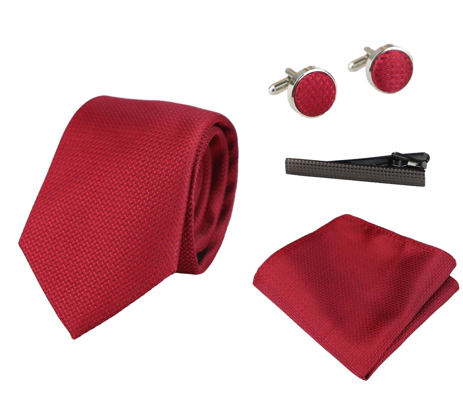 Conjunto de presente com gravata vermelha texturizada em cetim de seda, lenço de bolso e abotoaduras. Acabamento fosco.