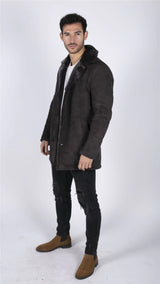 Casaco masculino de pele de carneiro genuína marrom vintage clássico 3/4 com botões e decote em V