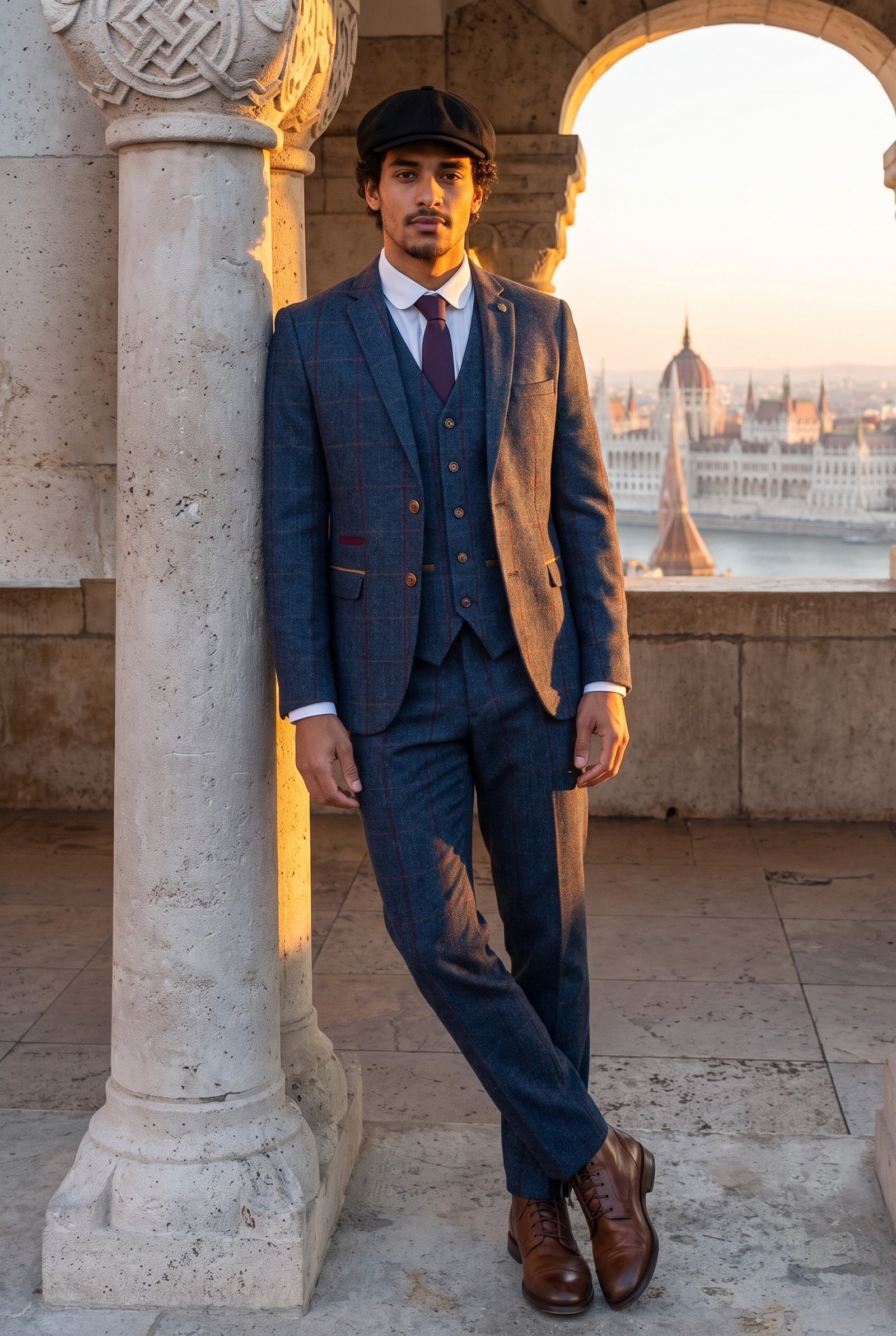 Look #553 styled with Terno masculino de tweed espinha de peixe, xadrez vermelho e azul marinho, três peças, estilo vintage anos 1920, corte sob medida.
