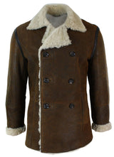 Jaqueta masculina vintage marrom de pele de carneiro alemã autêntica, modelo de abotoamento duplo, estilo marinheiro.