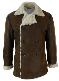 Jaqueta masculina vintage marrom de pele de carneiro alemã autêntica, modelo de abotoamento duplo, estilo marinheiro.