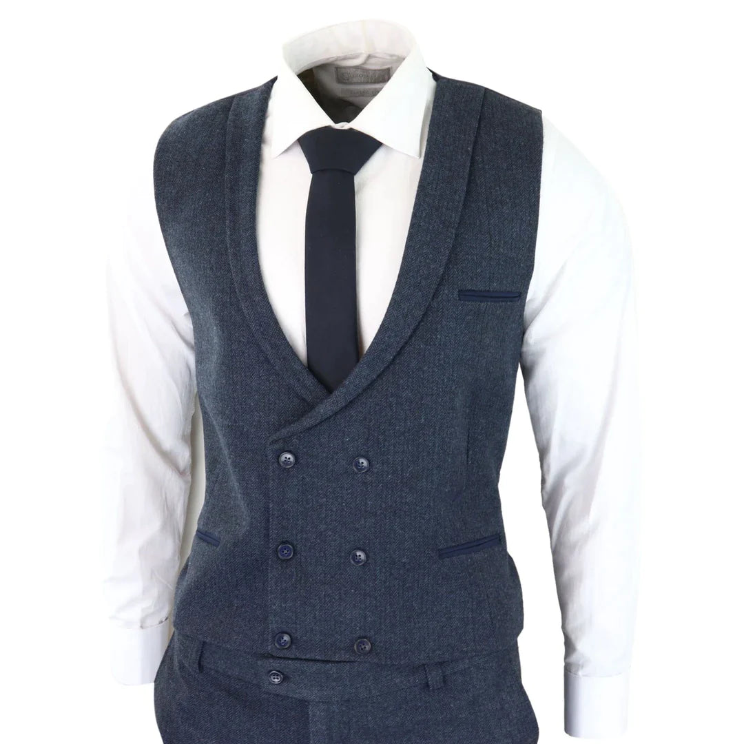 Terno masculino de 3 peças em tweed azul espinha de peixe