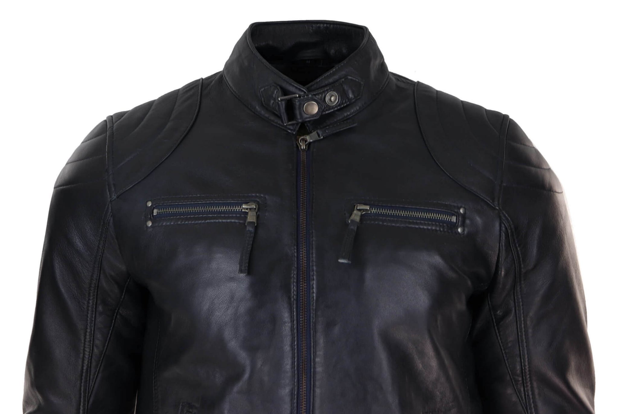 Jaqueta de couro legítimo preta estilo motociclista para homem