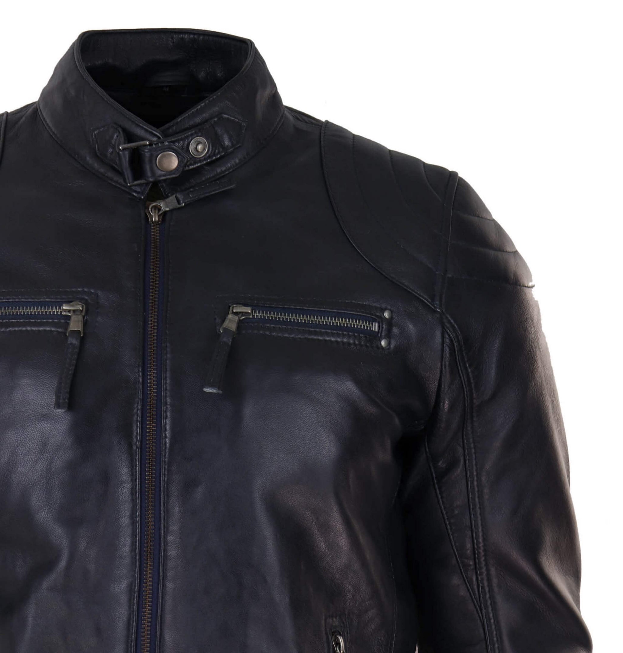 Jaqueta de couro legítimo preta estilo motociclista para homem