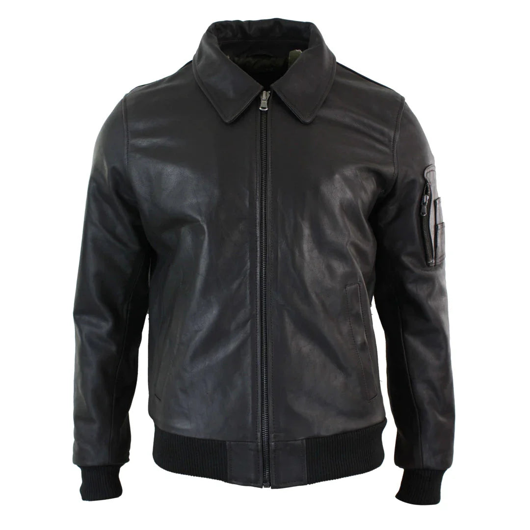 Jaqueta Bomber Clássica de Piloto Harrington Masculina em Couro Marrom