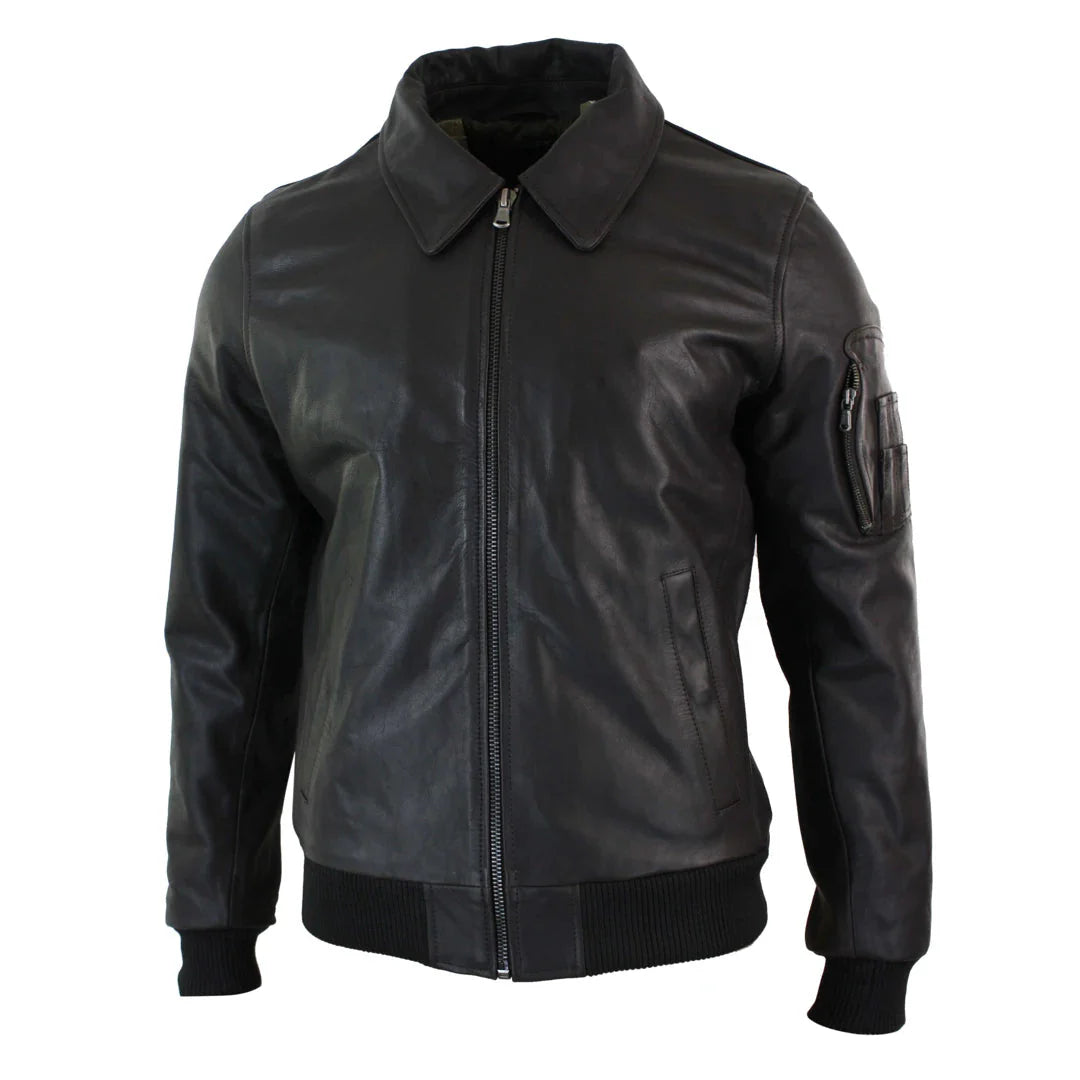 Jaqueta Bomber Clássica de Piloto Harrington Masculina em Couro Marrom