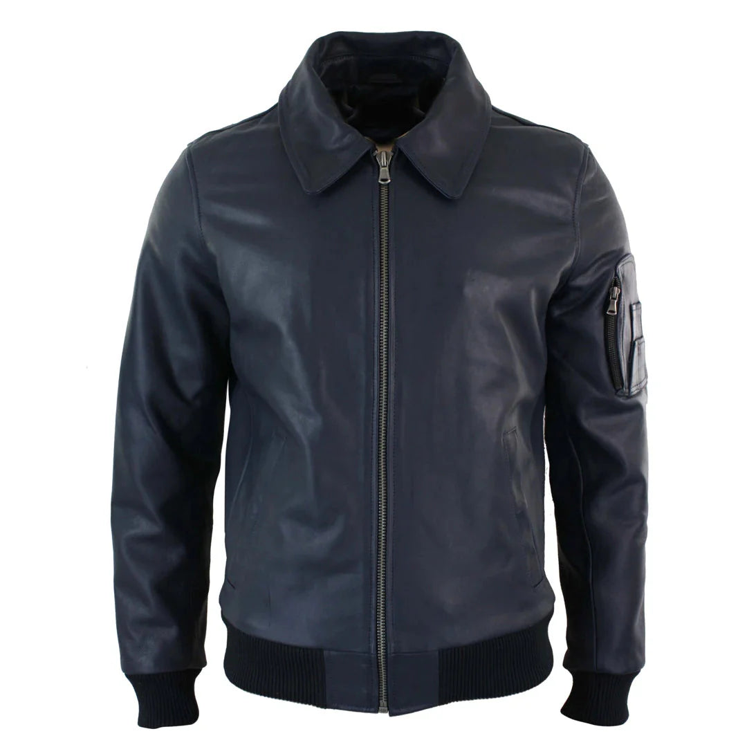 Jaqueta Bomber Harrington Clássica de Piloto Masculina em Couro Azul Marinho