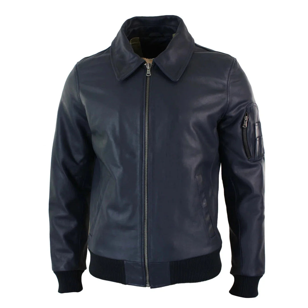 Jaqueta Bomber Harrington Clássica de Piloto Masculina em Couro Azul Marinho
