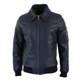 Jaqueta Bomber Harrington Clássica de Piloto Masculina em Couro Azul Marinho