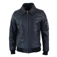 Jaqueta Bomber Harrington Clássica de Piloto Masculina em Couro Azul Marinho