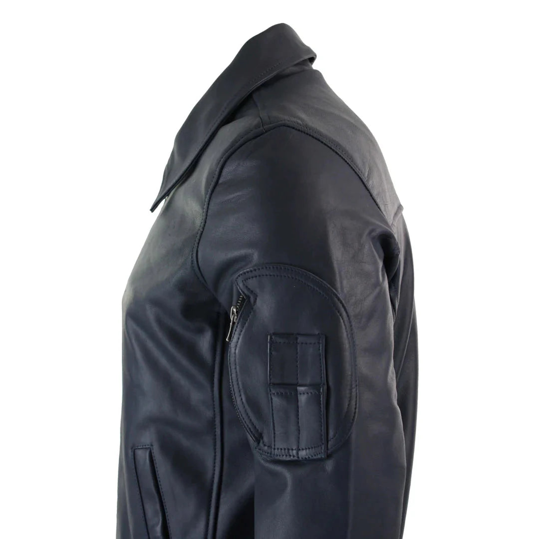 Jaqueta Bomber Harrington Clássica de Piloto Masculina em Couro Azul Marinho