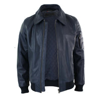 Jaqueta Bomber Harrington Clássica de Piloto Masculina em Couro Azul Marinho