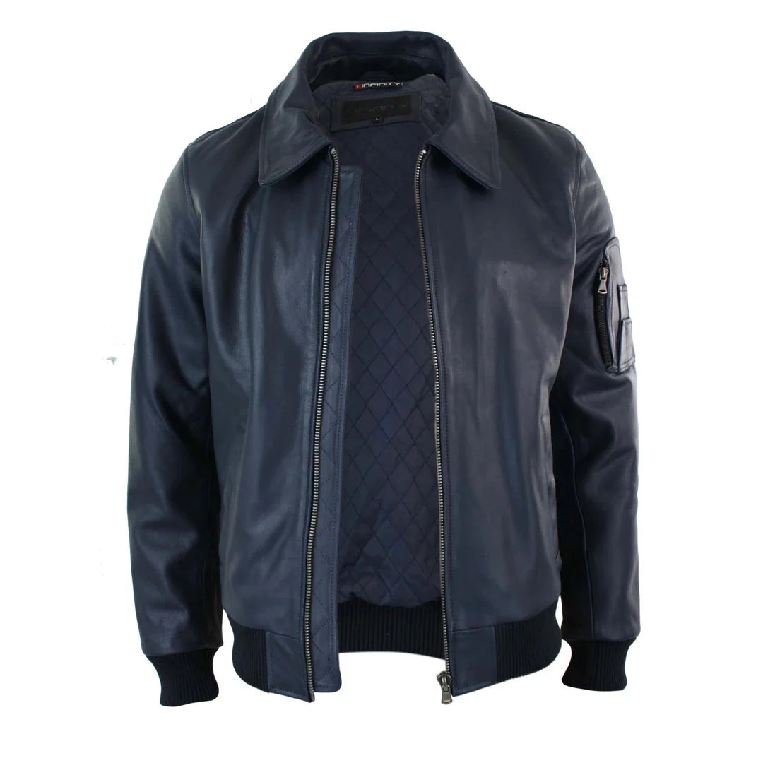 Jaqueta Bomber Harrington Clássica de Piloto Masculina em Couro Azul Marinho