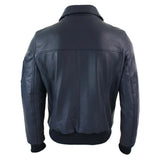 Jaqueta Bomber Harrington Clássica de Piloto Masculina em Couro Azul Marinho