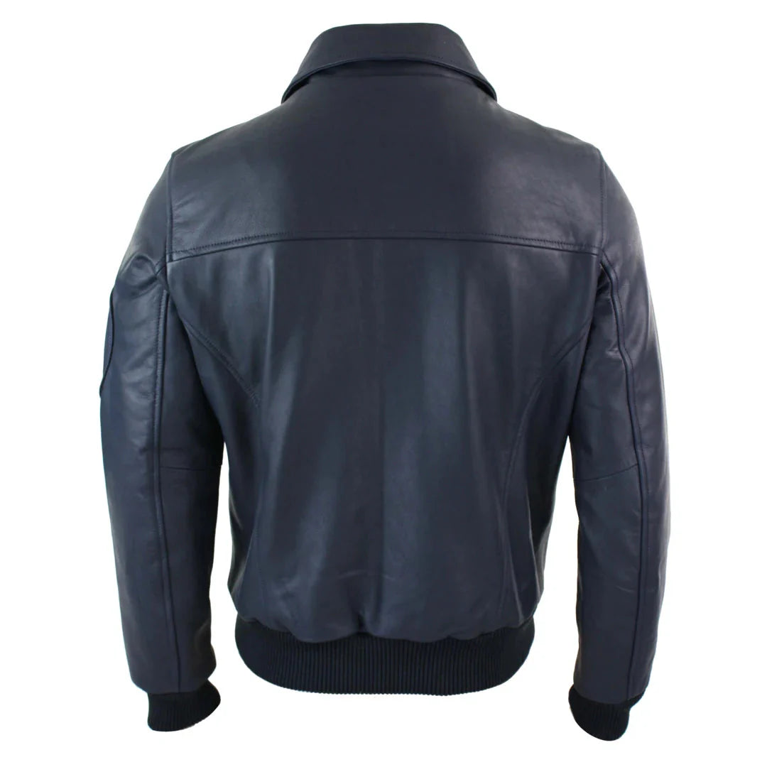 Jaqueta Bomber Harrington Clássica de Piloto Masculina em Couro Azul Marinho