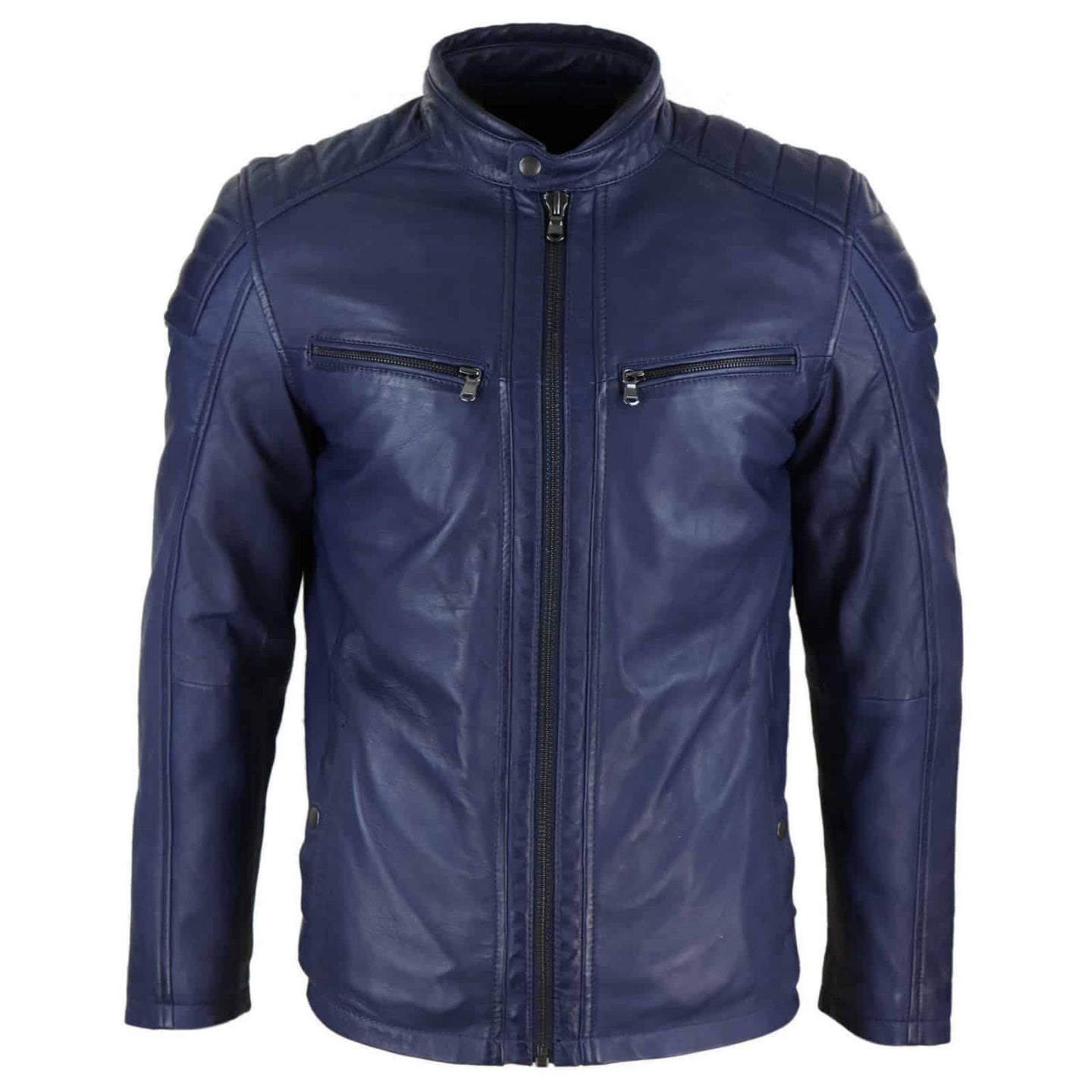 Jaqueta masculina de couro legítimo estilo motociclista, corte sob medida - Azul Marinho