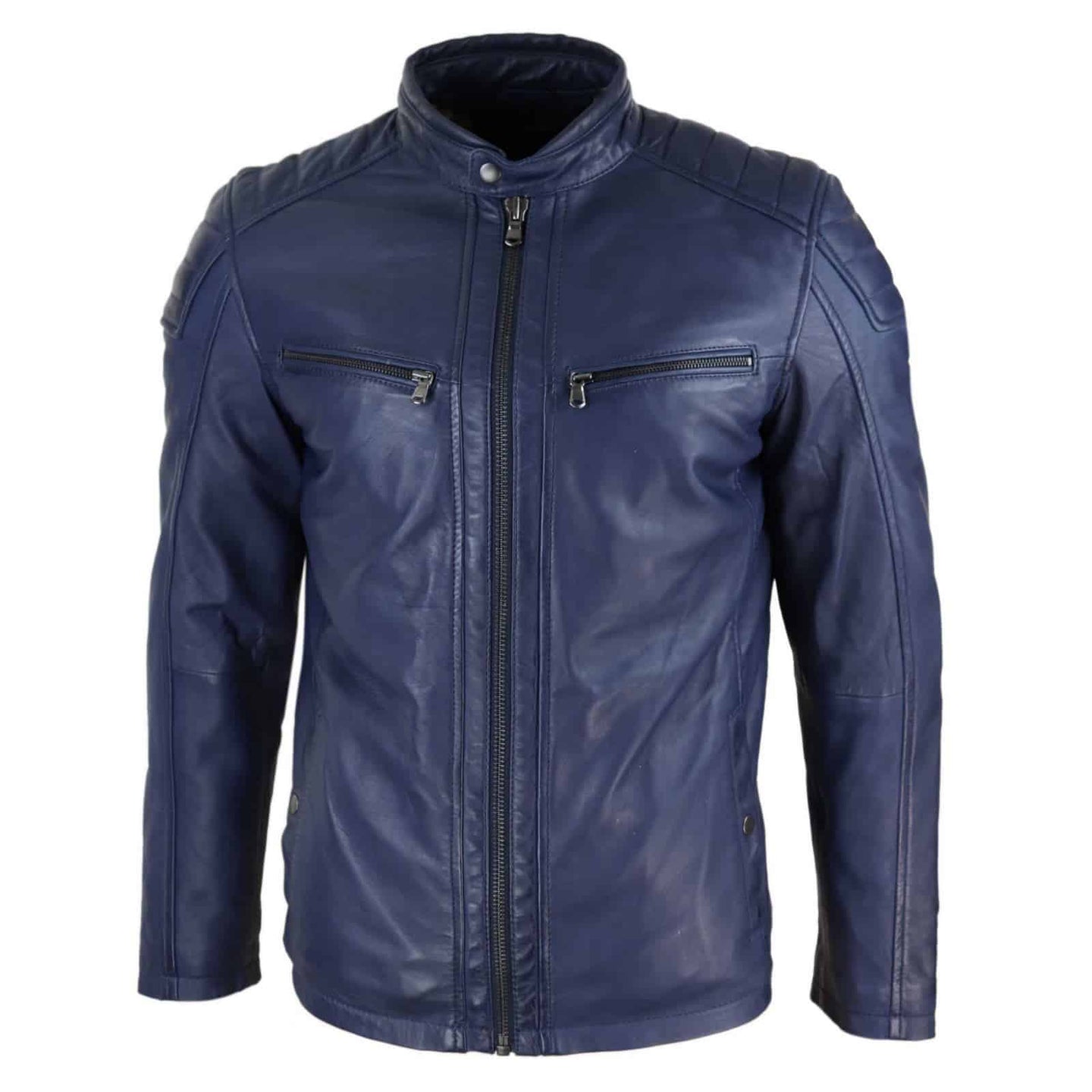 Jaqueta masculina de couro legítimo estilo motociclista, corte sob medida - Azul Marinho