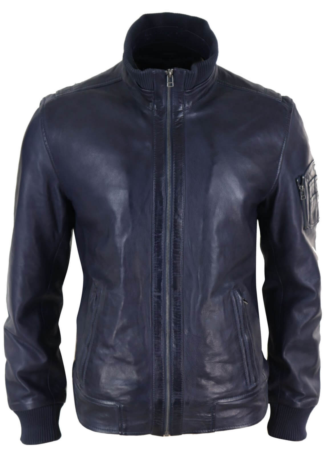 Jaqueta masculina de couro legítimo com gola alta para o outono - Cor azul-marinho