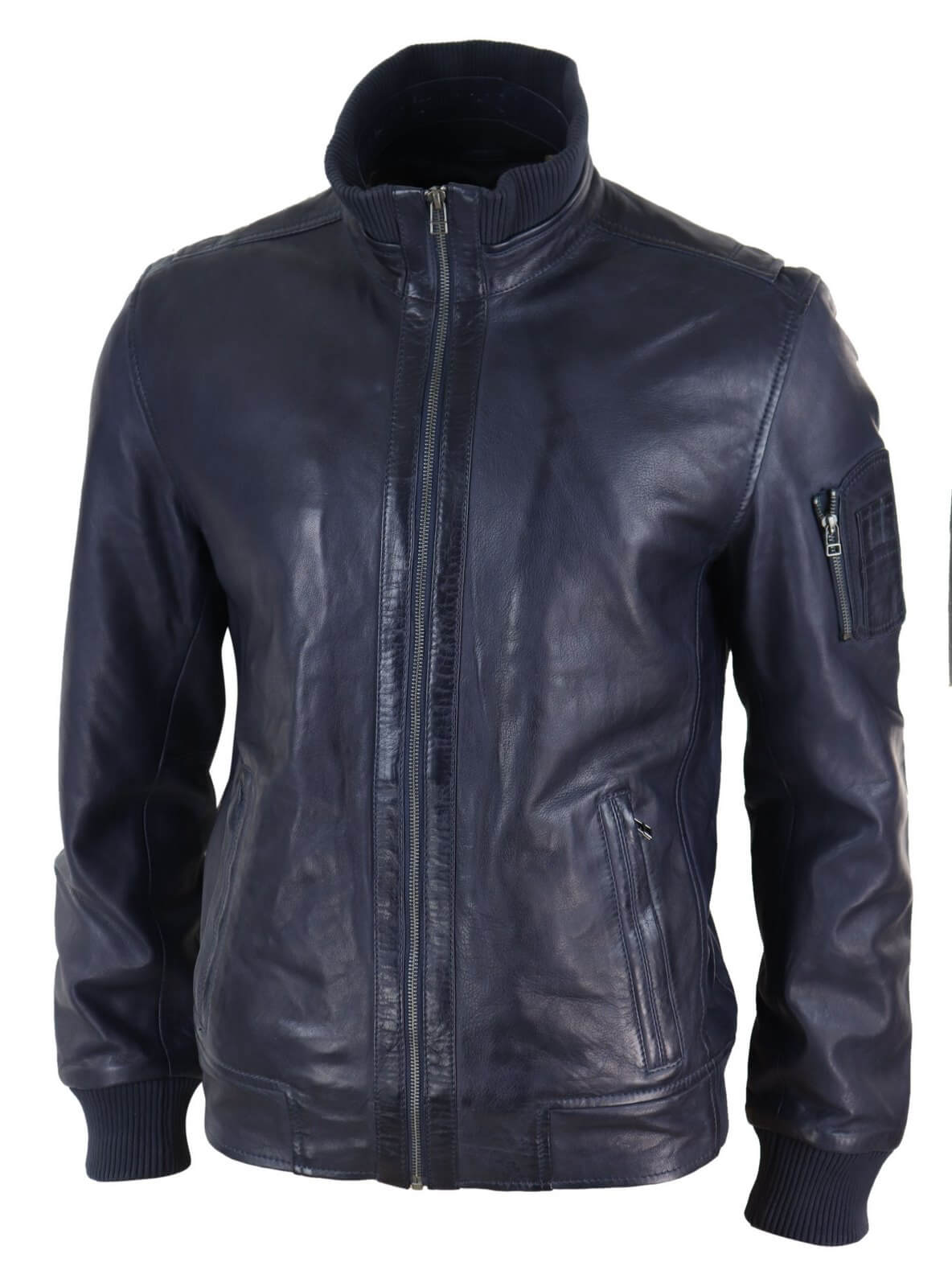 Jaqueta masculina de couro legítimo com gola alta para o outono - Cor azul-marinho