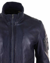 Jaqueta masculina de couro legítimo com gola alta para o outono - Cor azul-marinho