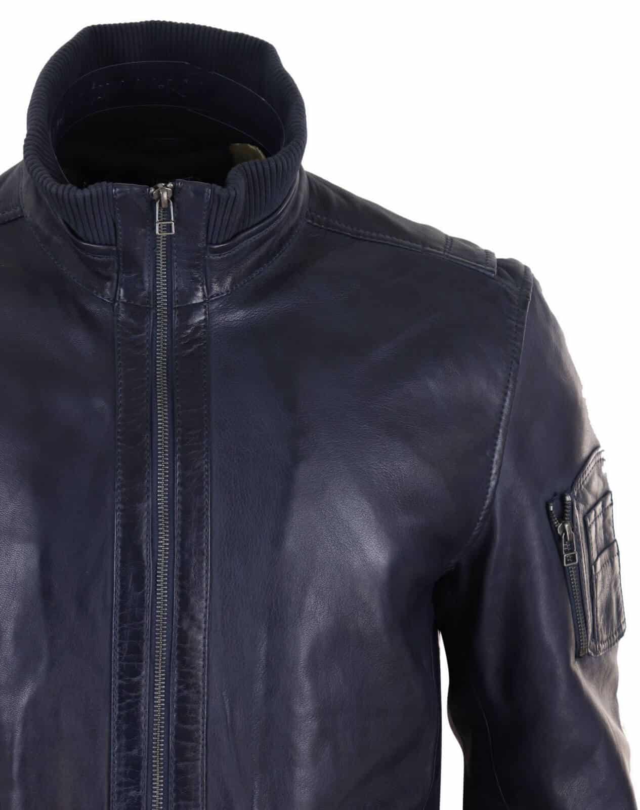 Jaqueta masculina de couro legítimo com gola alta para o outono - Cor azul-marinho