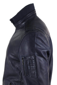 Jaqueta masculina de couro legítimo com gola alta para o outono - Cor azul-marinho