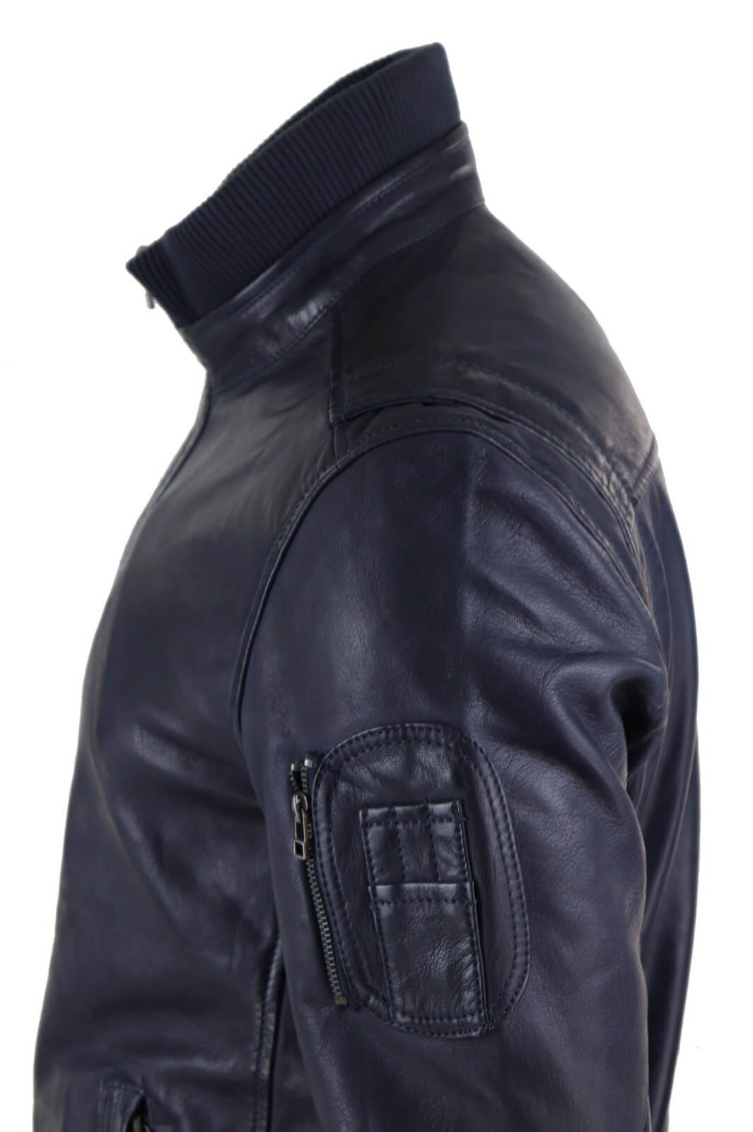 Jaqueta masculina de couro legítimo com gola alta para o outono - Cor azul-marinho