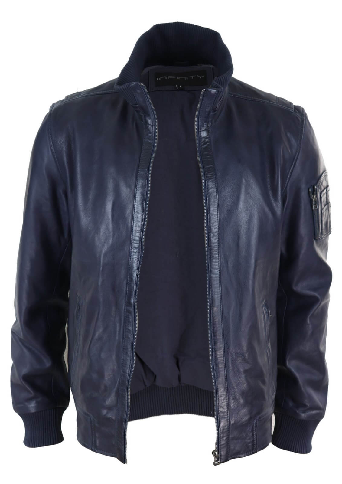 Jaqueta masculina de couro legítimo com gola alta para o outono - Cor azul-marinho