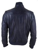Jaqueta masculina de couro legítimo com gola alta para o outono - Cor azul-marinho