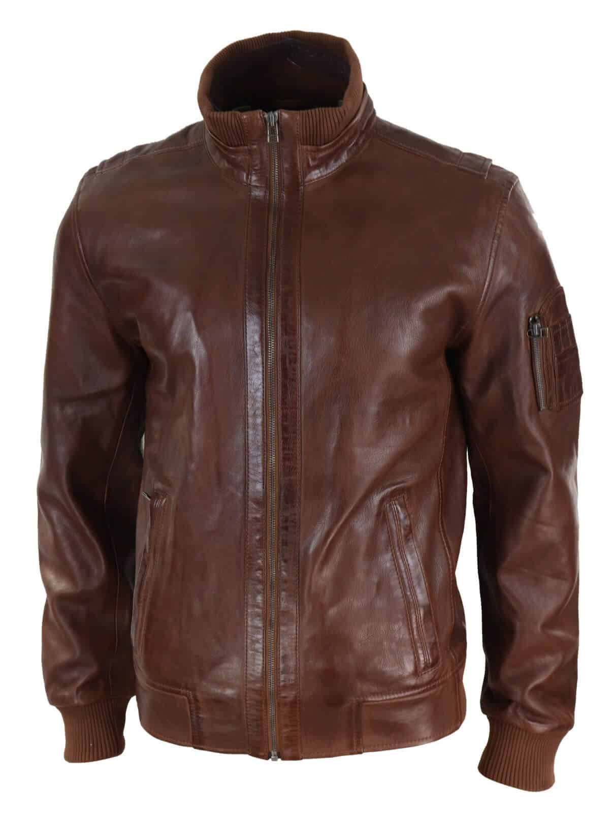 Jaqueta masculina de couro legítimo com gola alta para o outono - Cor Madeira