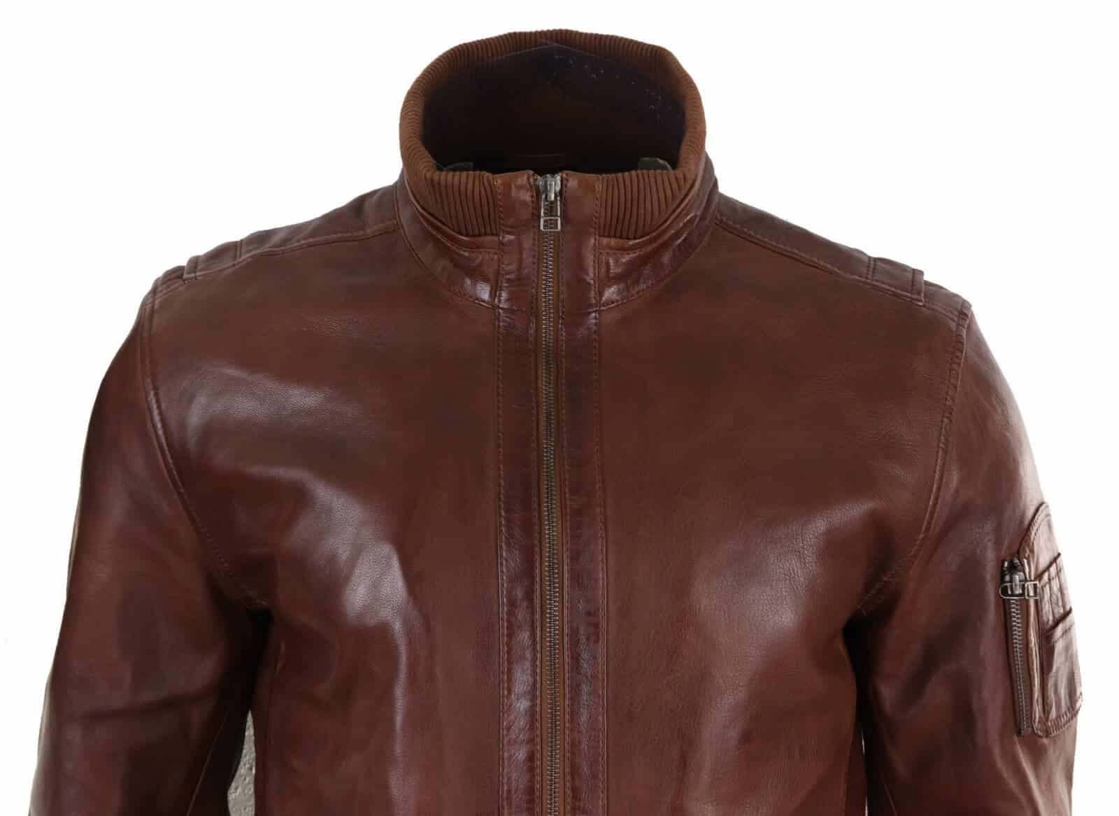 Jaqueta masculina de couro legítimo com gola alta para o outono - Cor Madeira
