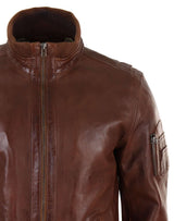 Jaqueta masculina de couro legítimo com gola alta para o outono - Cor Madeira