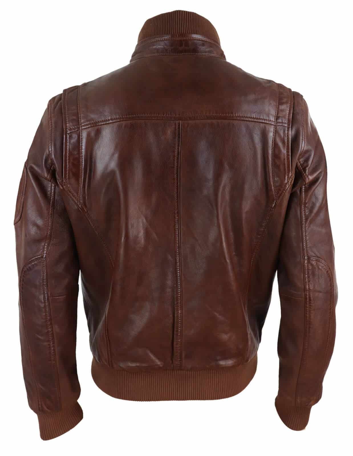 Jaqueta masculina de couro legítimo com gola alta para o outono - Cor Madeira