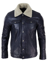 Jaqueta masculina de couro legítimo com gola de pele, estilo retrô vintage clássico, azul marinho casual.